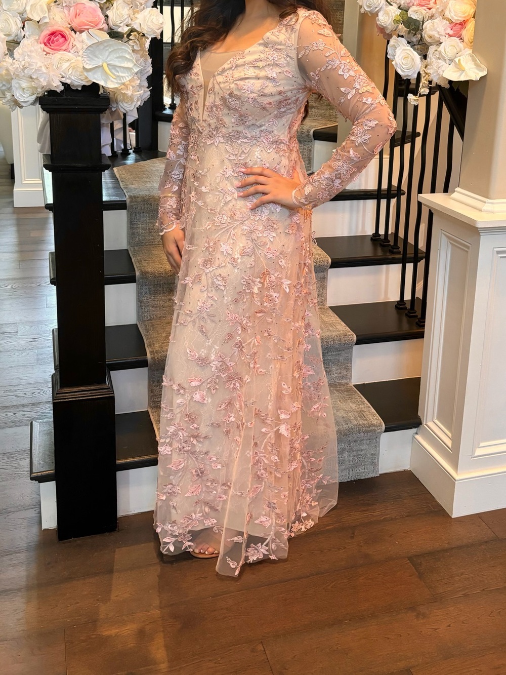 Mac Duggal Dusty Blush Pink Floral Embroidered Maxi Dress